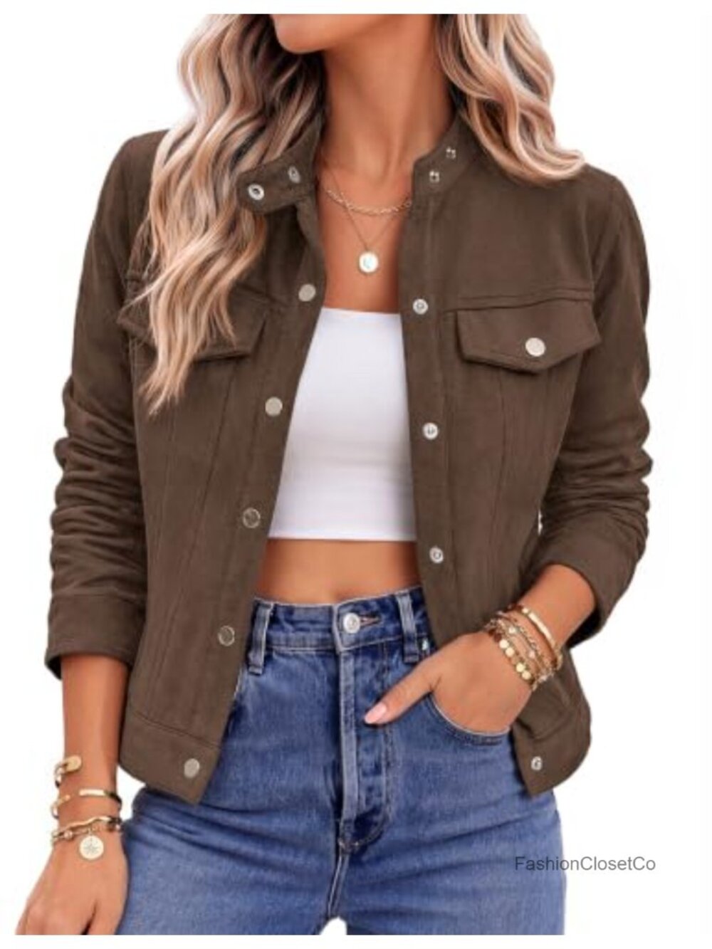 Faux Suede Cropped Jacket Snap Button Lapel Collar Lightweight